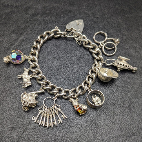 British vintage sterling silver charm bracelet 71g